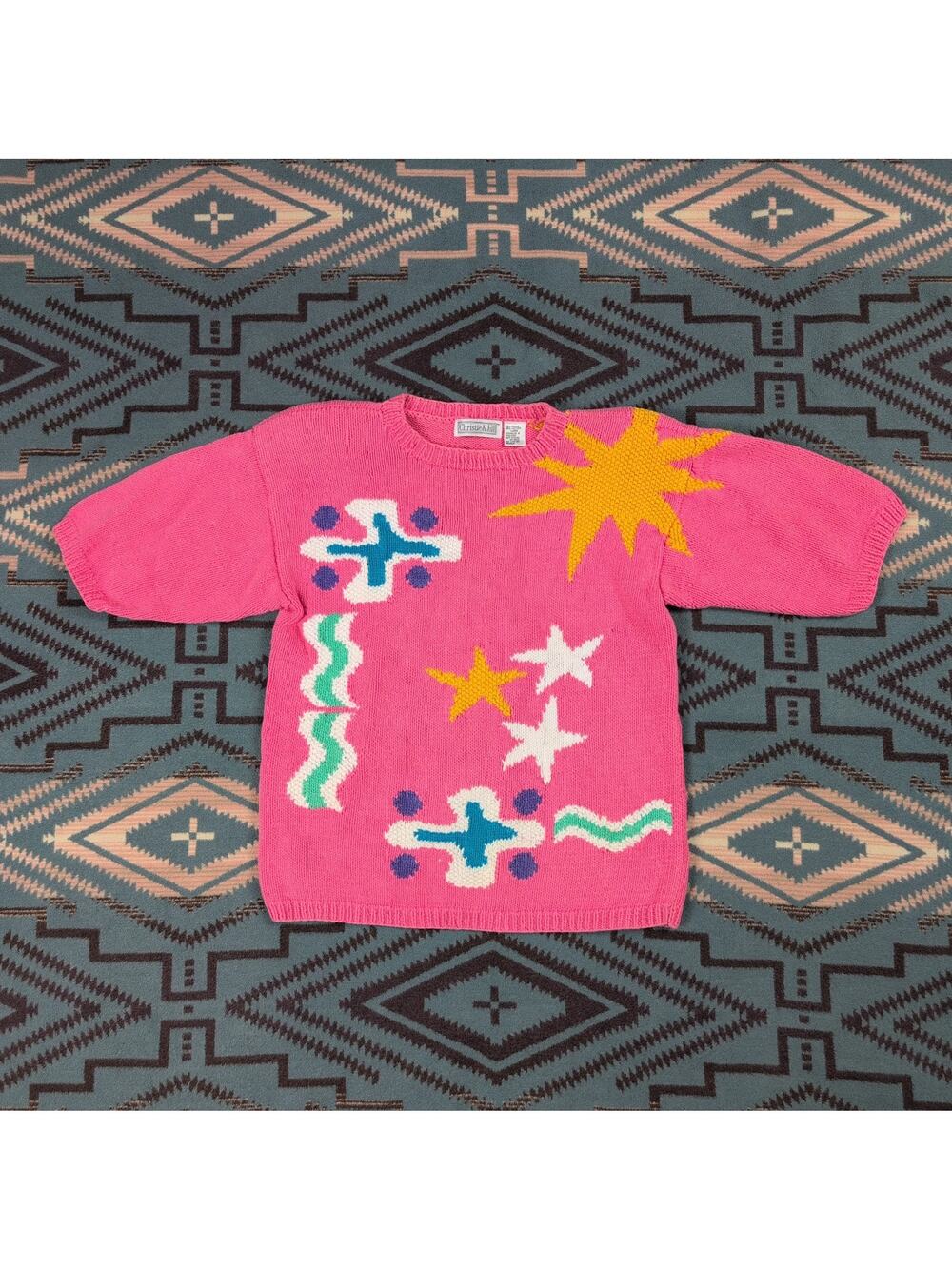 VTG 80's Christie & Jill Chunky Knit Sweater Cottagecore Pink Stars Women's Med
